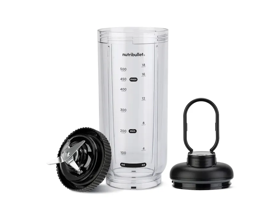 nutribullet Flex Accessory Set with clear 500ml blending cup, Black extractor blade lid, and black flip-top handle lid on white background.