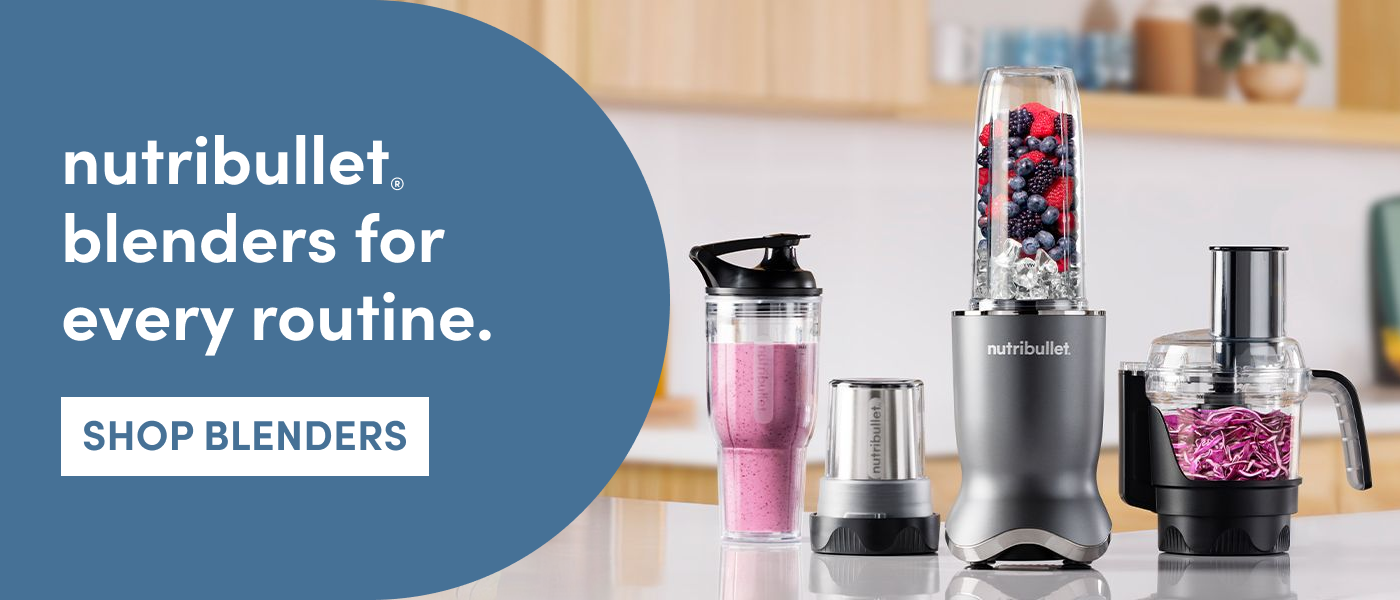 nutribullet Ultra and attachments on countertop including motor base and personal blending cup, mini food processor, travel cup, and coffee and spice grinder