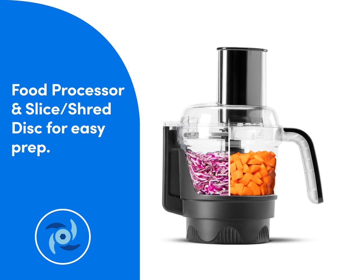 Food processor with chopped carrots and shredded cabbage, alongside text on a blue background. Text on the image reads: Food Processor and Slice/Shred Disc for easy prep.