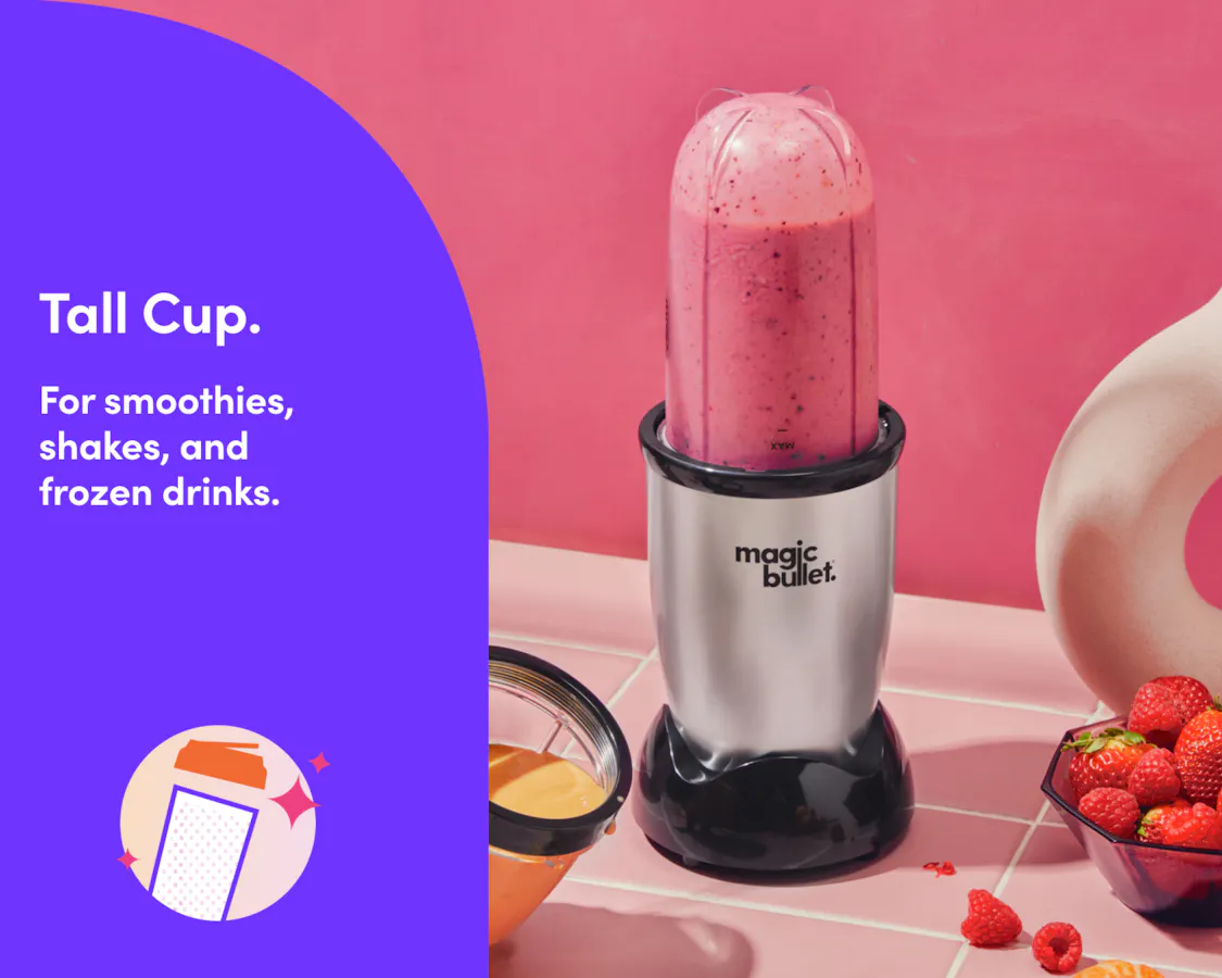 Silver magic bullet blender with a tall cup blending a pink smoothie, next to overlay text reading Tall Cup.