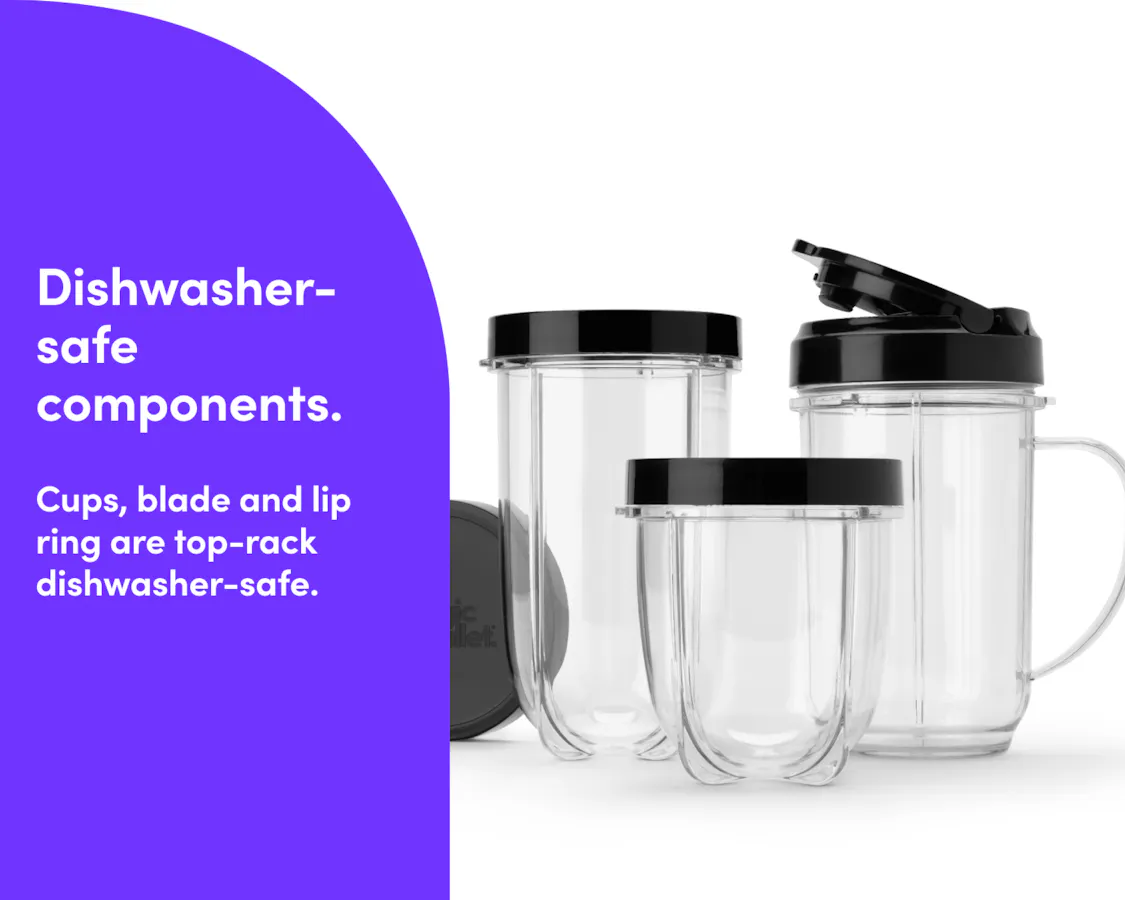 magic bullet cups, party mug, and lids next to a purple graphic panel reading Dishwasher-safe components.