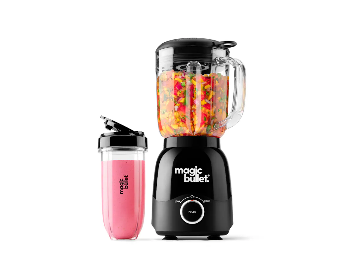 magic bullet Combo Blender filled with fruits on a white background