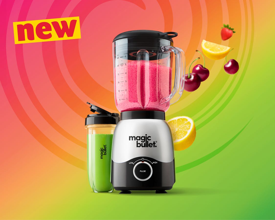 magic bullet Combo Blender filled with smoothie on a colorfull background