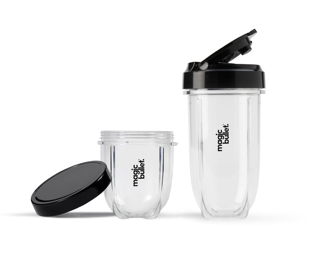 magic bullet small and large cup with lids on a white background