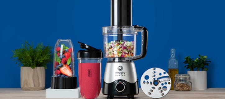 nutribullet® magic bullet Kitchen Express and acessories against a dark blue background