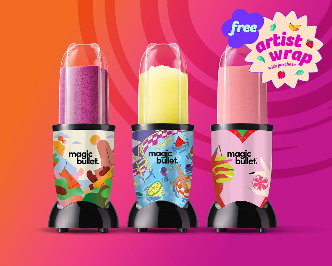 Three magic bullet blenders in a row with specialty designs on a multicolored background
