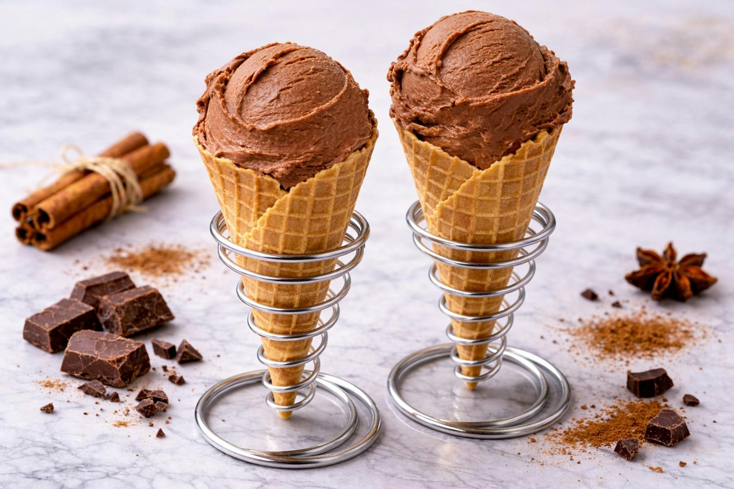 two cones of homemade chocolate gelato ice cream on a countertop surrounded by chocolate pieces 