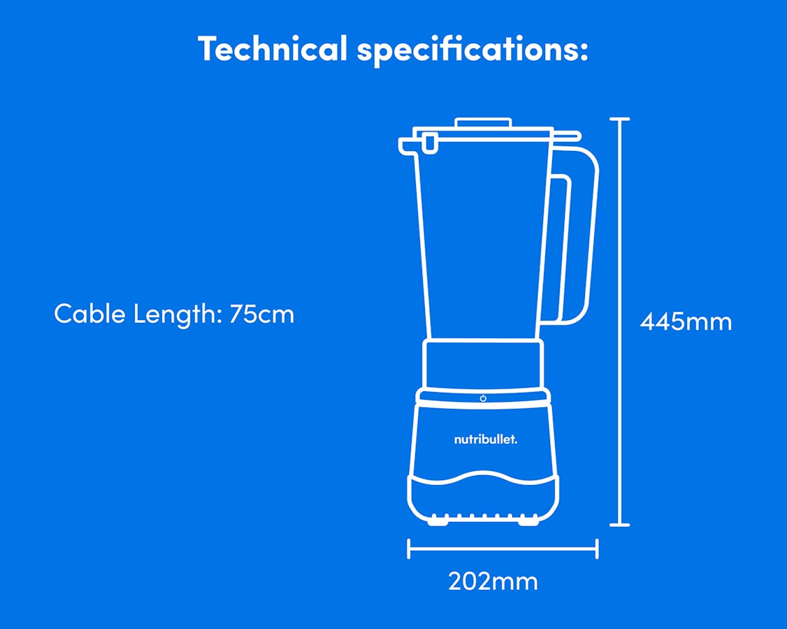 Illustration of the nutribullet Power Core showing the measurements 445 mm tall by 202 mm wide, and with a cable length of 75 cm.