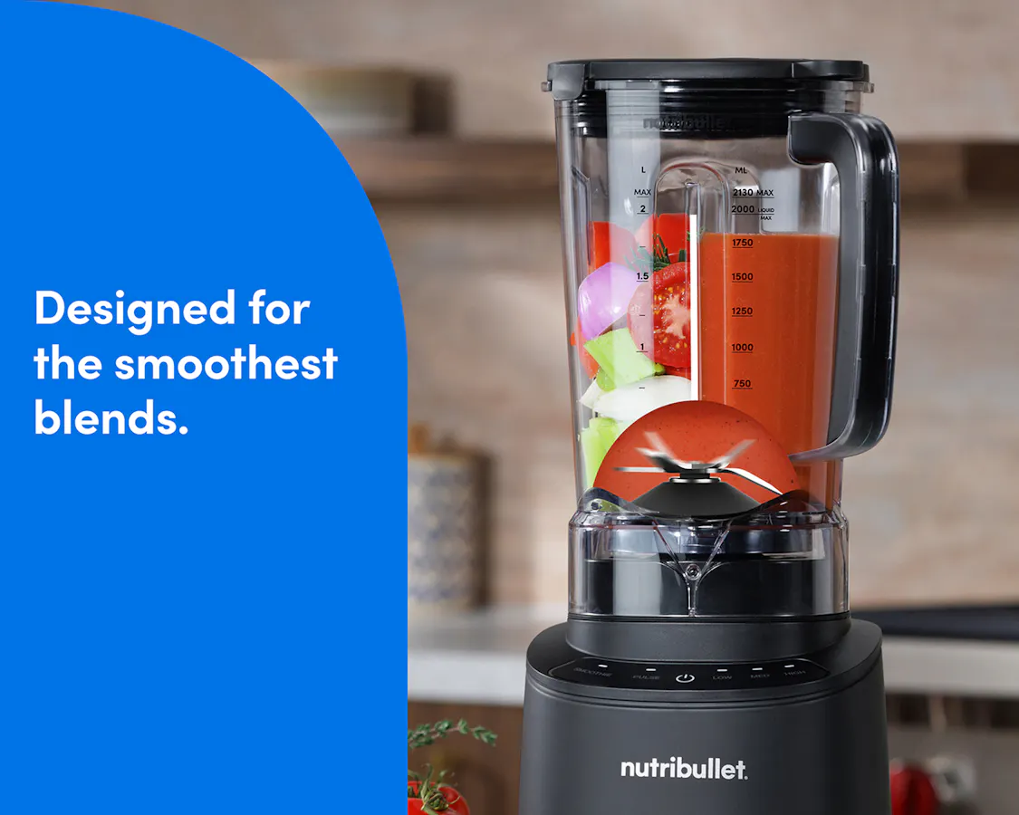 nutribullet Power Core XL blends whole vegetables into smooth tomato soup, shown in a split before-and-after pitcher view.