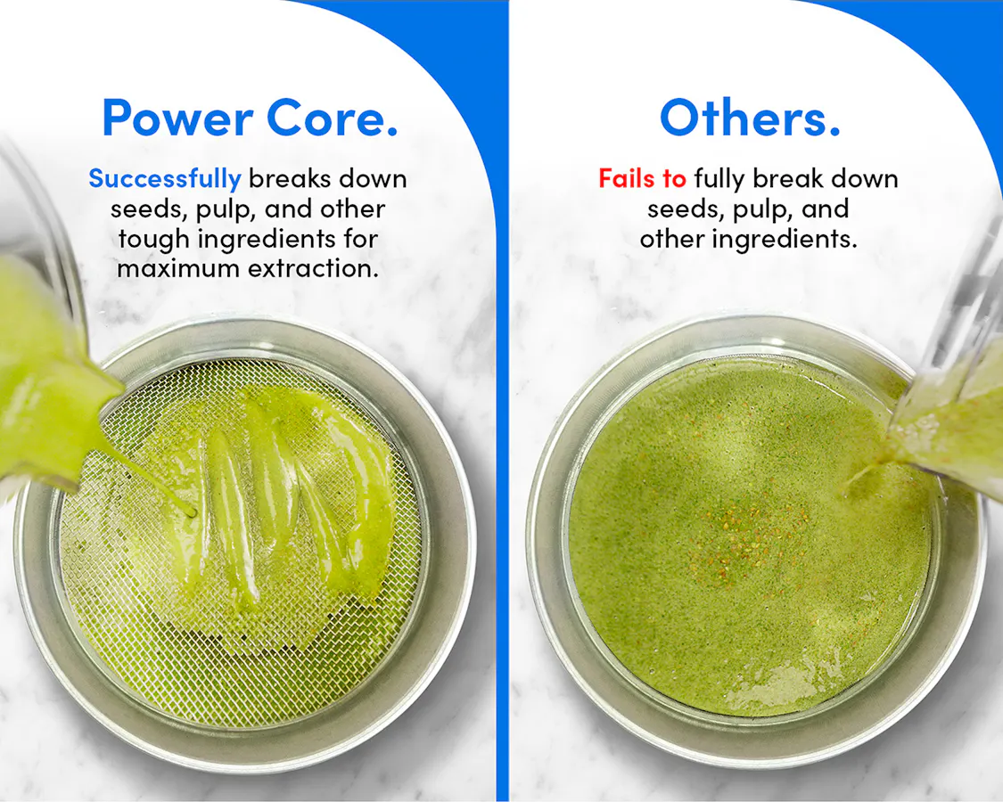 Side-by-side strainer test: Power Core XL leaves smooth green juice while another blender leaves seeds and pulp.