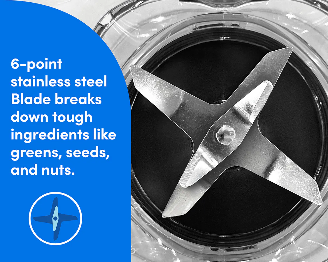 Close-up of the 6-point stainless steel blade inside the nutribullet Power Core XL blender pitcher.