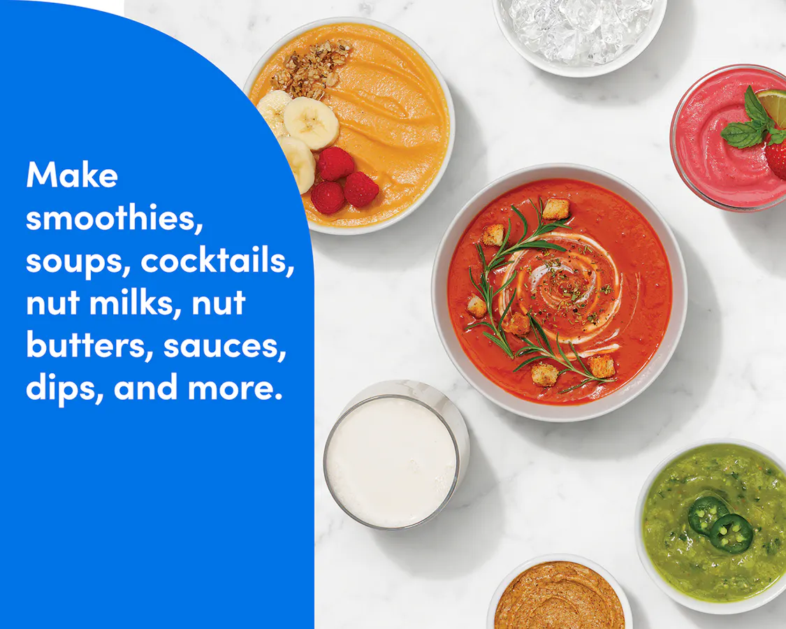 Flat lay of smoothie bowls, tomato soup, nut milk, salsa, and nut butter made in the nutribullet Power Core XL.
