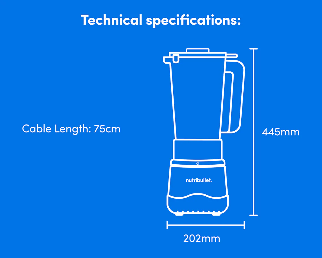 Technical specifications diagram of the nutribullet Power Core XL: 445mm height, 202mm width, 75cm cable length.