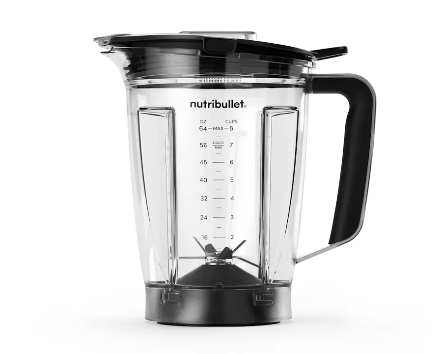 A transparent 64-ounce blender pitcher with measurement markings, a black handle, and a secure lid, designed for nutribullet SmartSense blenders.