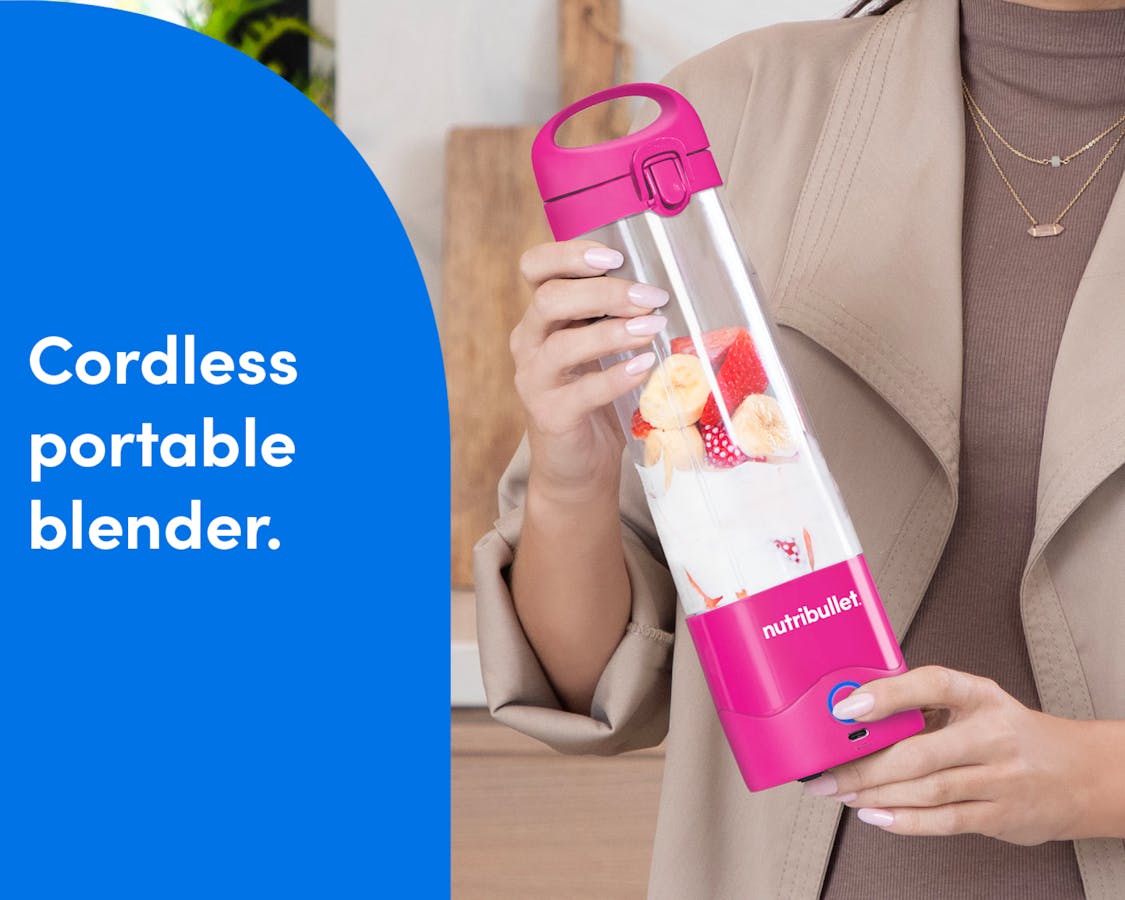 A woman dressed in beige holds the nutribullet Portable Blender, filled with fruit and ice. A blue panel on the left reads: "cordless portable blender."