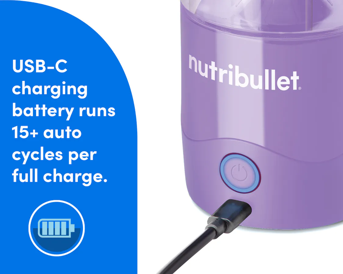 A closeup of the USB-C charger plugged into the charging port in the Power Base of the nutribullet Portable Blender. A blue panel on the left reads "USB-C-charging battery runs 15+ cycles per full charge" An icon showing a charged battery in a circle is situated beneath the text.