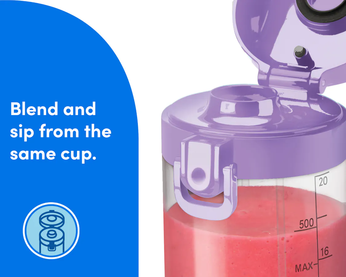 A closeup of the nutribullet Portable Blender's Flip-Top Handled Lid. A blue panel to the left of the image reads "Blend and sip from the same cup." A circular icon underneat the text shows an illustration of the nutribullet Portable Sip Lid.