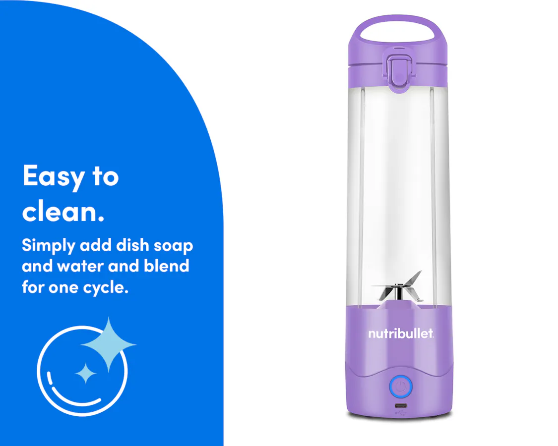 An empty nutribullet Portable Blender stands alone against a white background. A blue panel to the left of the image reads "Easy to Clean" and features a circular icon underneath of a sparkling bubble.