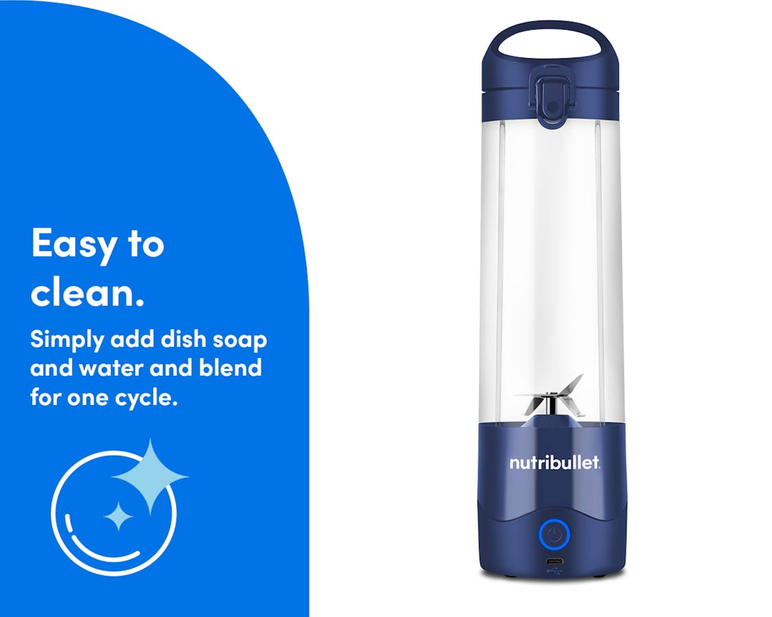 An empty nutribullet Portable Blender stands alone against a white background. A blue panel to the left of the image reads "Easy to Clean" and features a circular icon underneath of a sparkling bubble.