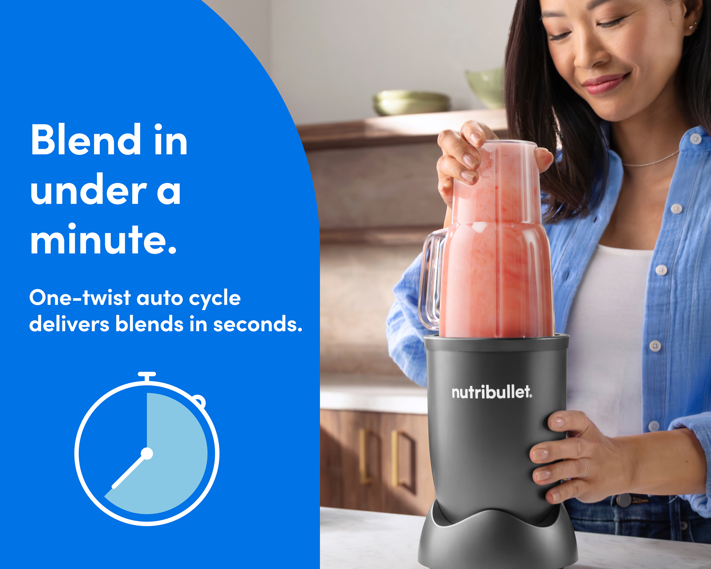 Woman twisting a cup onto the nutribullet Personal Blender to start its one-twist auto cycle