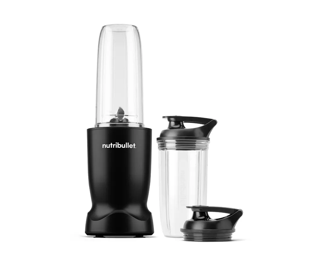 Matte Black nutribullet Turbo blender set with tall and short blending cups, lids, and motor base