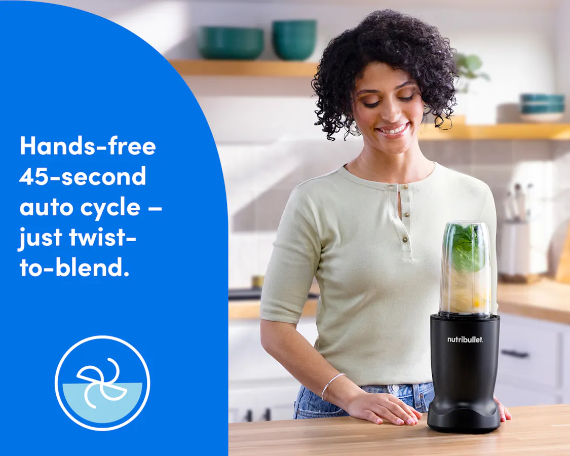 Woman preparing a smoothie using the nutribullet Turbo blender in hands-free 45-second auto blend cycle