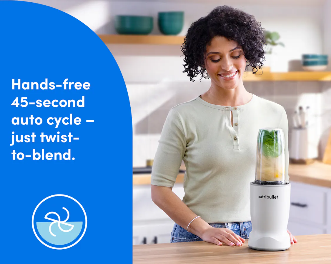 Woman preparing a smoothie using the nutribullet Turbo blender in hands-free 45-second auto blend cycle