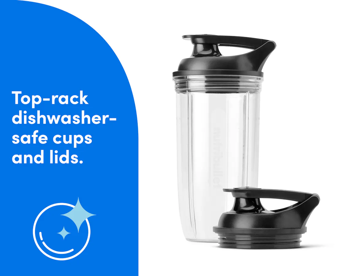 nutribullet Turbo blender cups and to-go lids that are top-rack dishwasher safe, paired with the blender