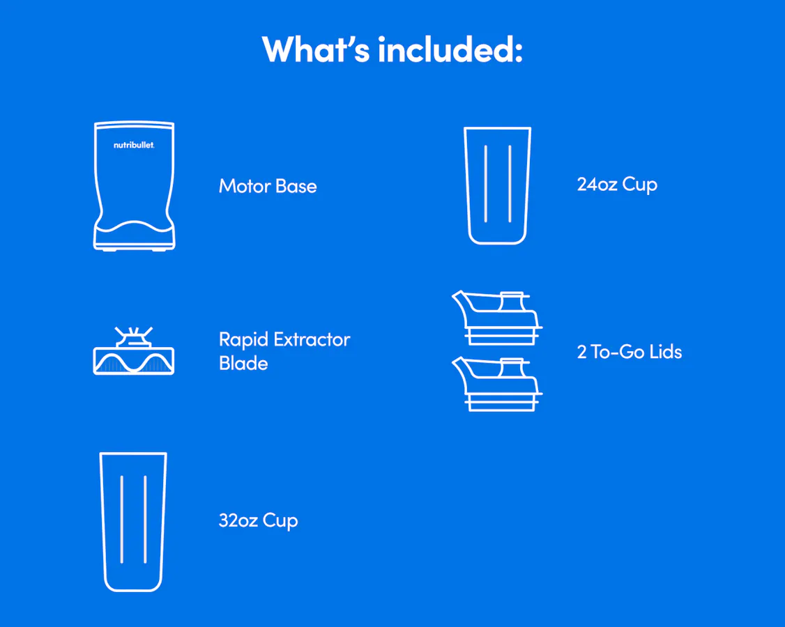Package contents of nutribullet Turbo blender set including motor base, cups, lids, and blade