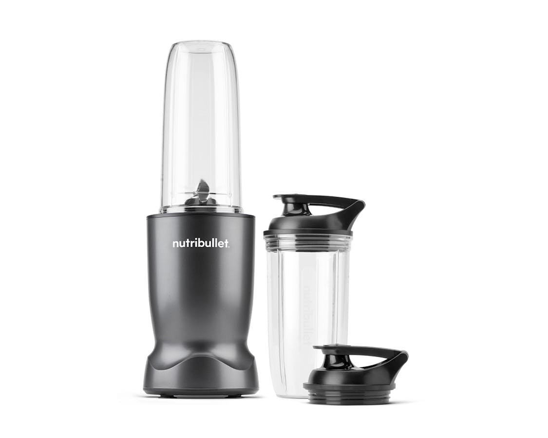 Gunmetal nutribullet Turbo blender set with tall and short blending cups, lids, and motor base