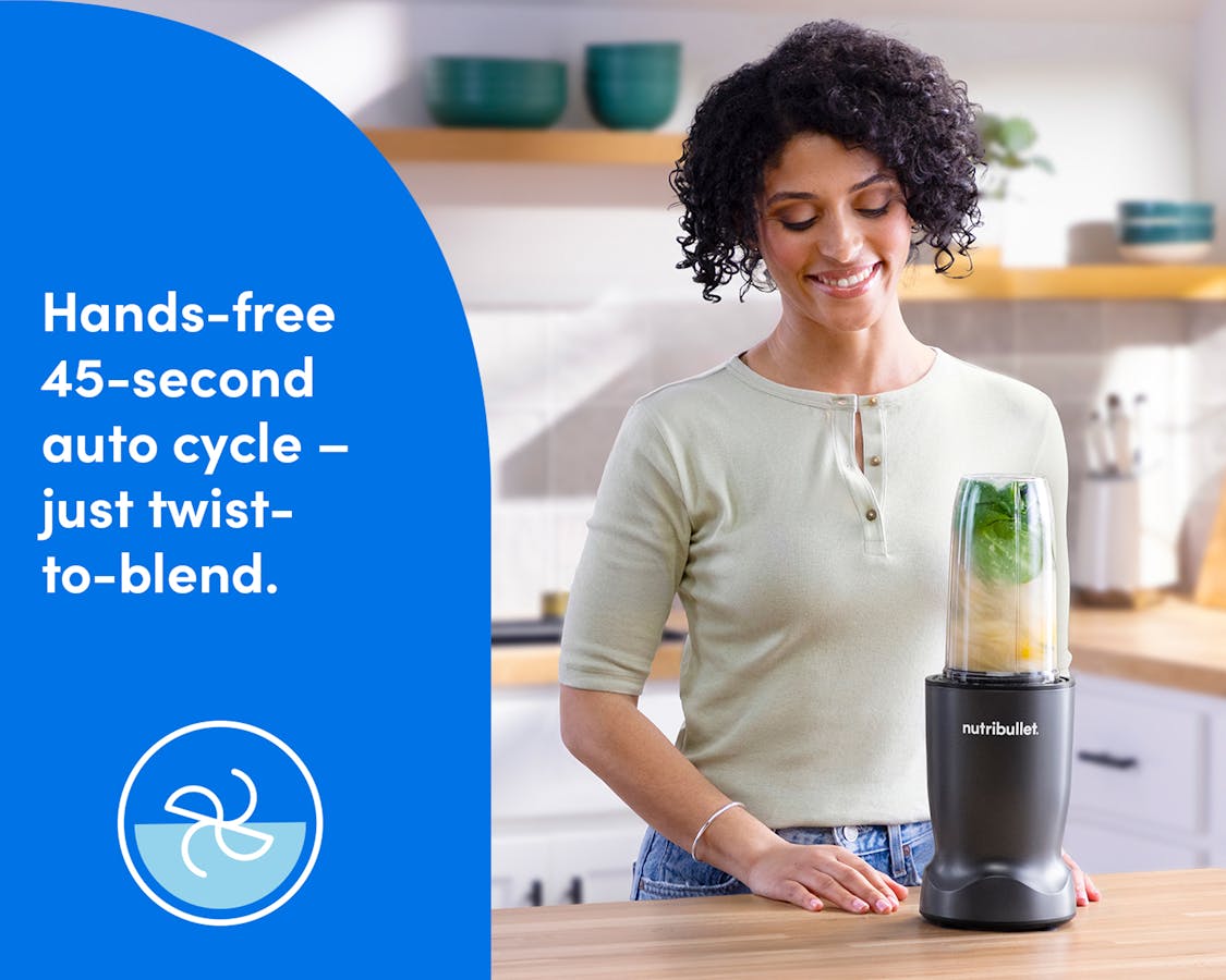 Woman preparing a smoothie using the nutribullet Turbo blender in hands-free 45-second auto blend cycle