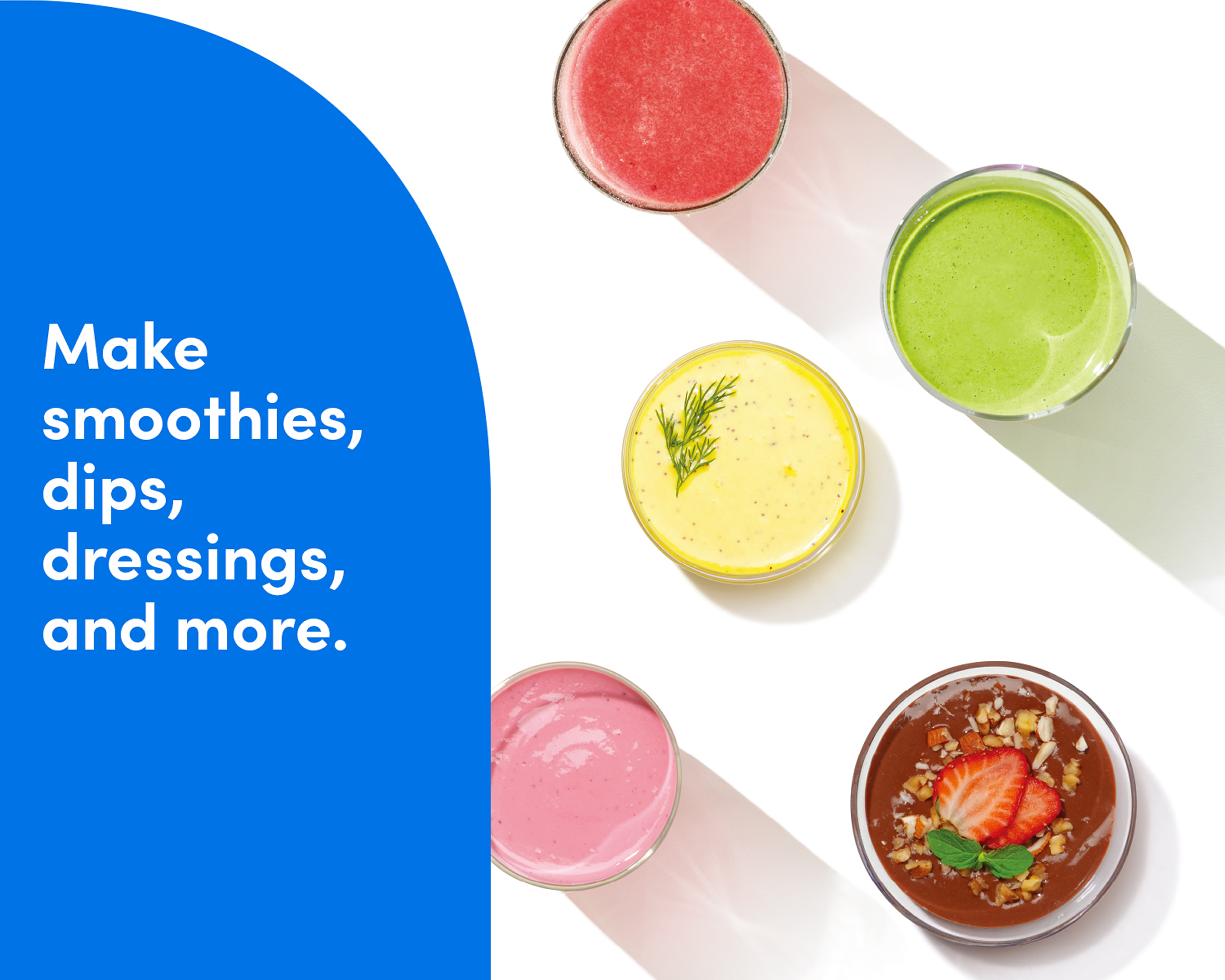 Smoothies, dips and dressings in glasses and bowls made with the nutribullet Turbo