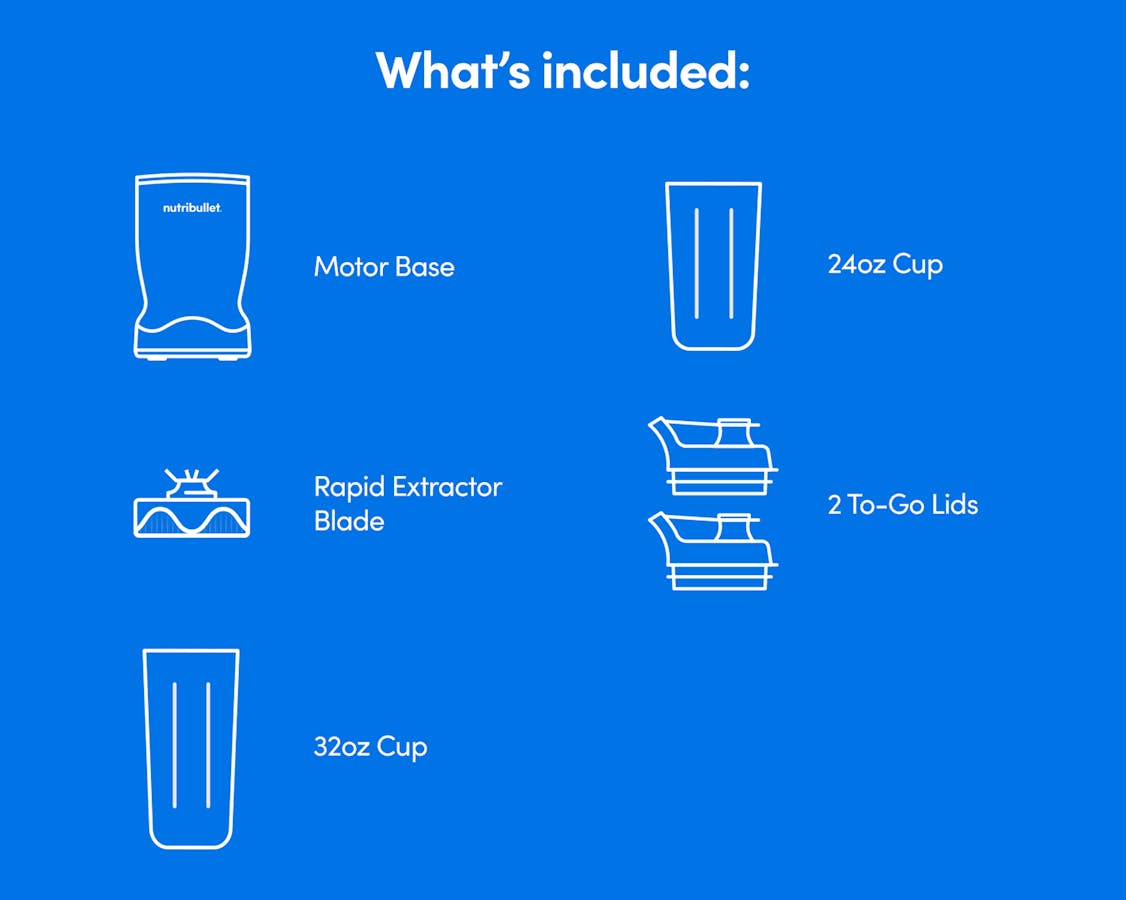 Package contents of nutribullet Turbo blender set including motor base, cups, lids, and blade