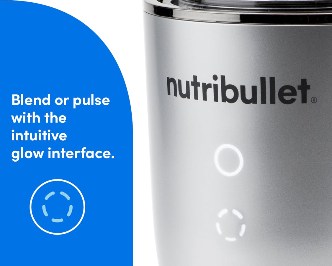 An even closer zoom-in of the illuminated power buttons on the face of the Ultra Motor Base. Text reads: blend or pulse with the illuminated glow interface.