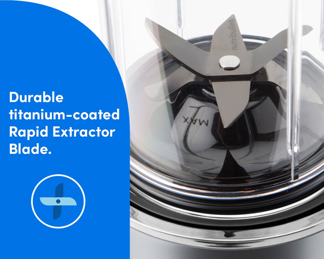 A zoomed-in image of the Ultra blade, fully assembled to the Tritan Renew Cup and the Motor Base. Text reads: Durable titanium-coated Rapid Extractor Blade.