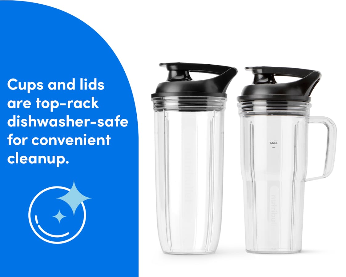 Image of the empty 24-oz Handled Cup and 32-oz Cup with To-Go Lids atatched on a white background. Text reads: Cups and lids are top-rack dishwasher-safe for convenient cleanup.