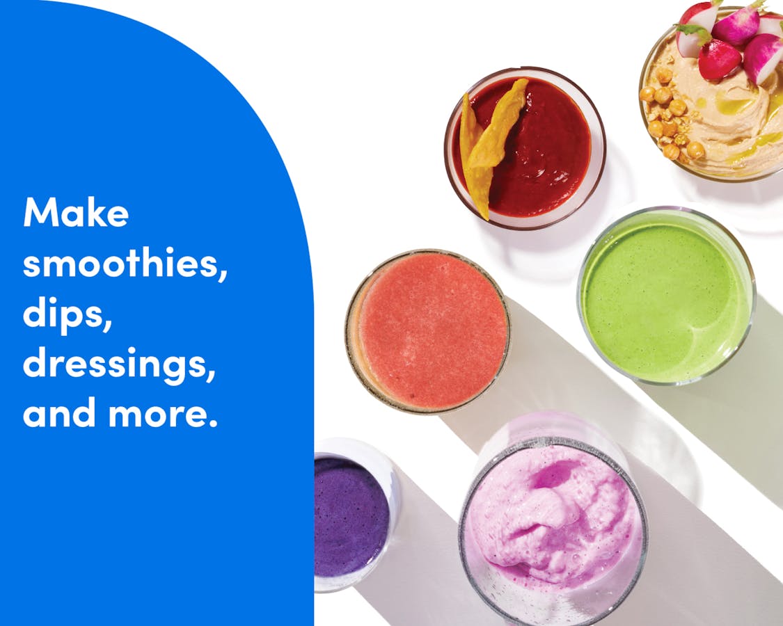 An overhead shot of clear glasses and bowls containing smoothies, salsa, hummus, and other blended foods.