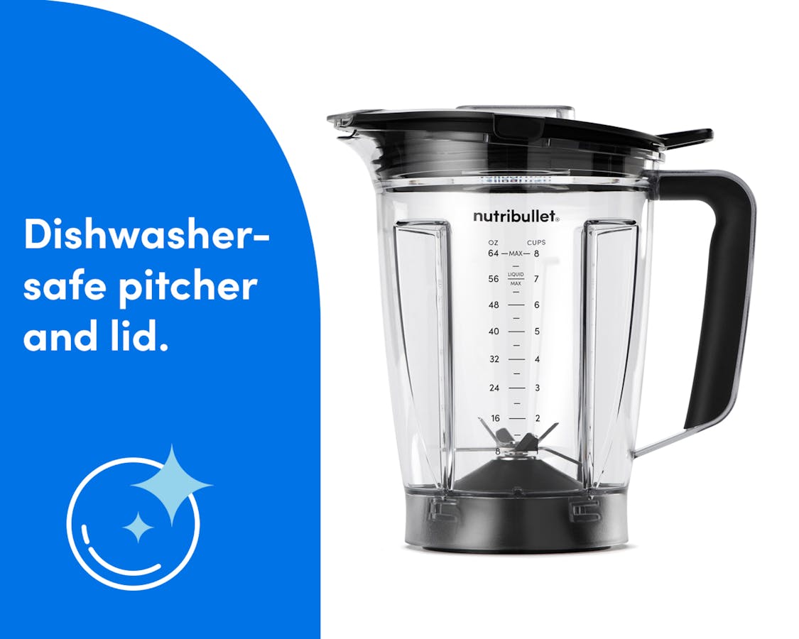 The nutribullet SmartSense Blender Pitcher on a white background. A blue panel to the left of the image reads "dishwasher-safe pitcher and lids."