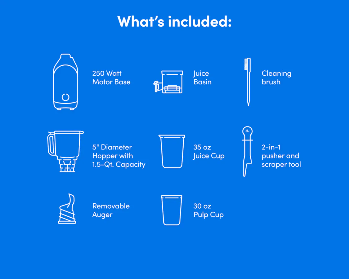 Line drawings of each juicer component in the configuration.