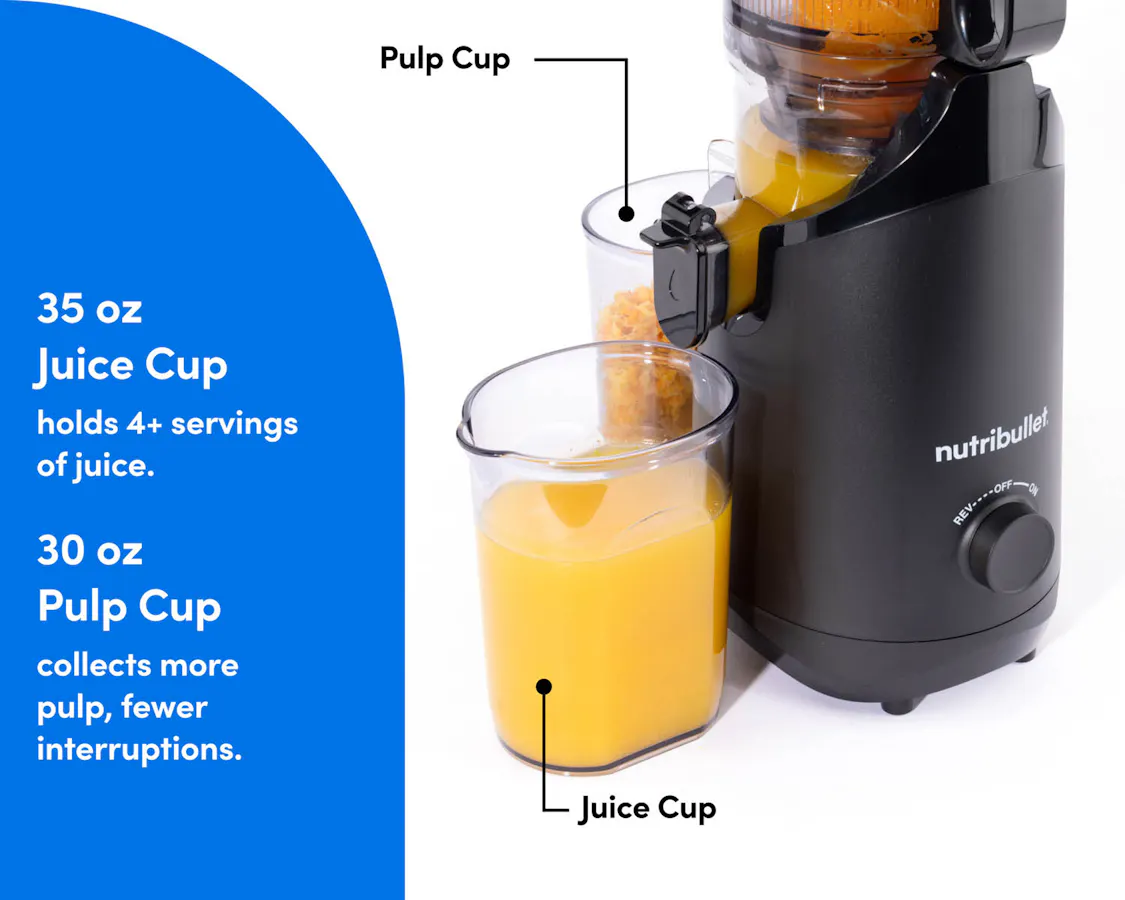 Closeup of the filled 35oz juice cup and the 30oz pulp cup, filled with fruit pulp.