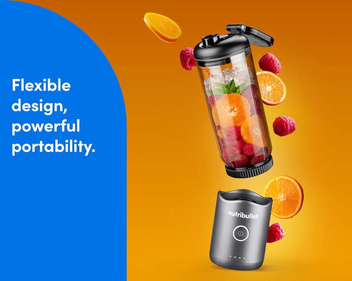 nutribullet Flex  - flexible  design, powerful portability  The nutribullet Flex is shown with the motor base detached from the cup in an active composition on an orange background, surrounded by a festive spray of flying fruits.