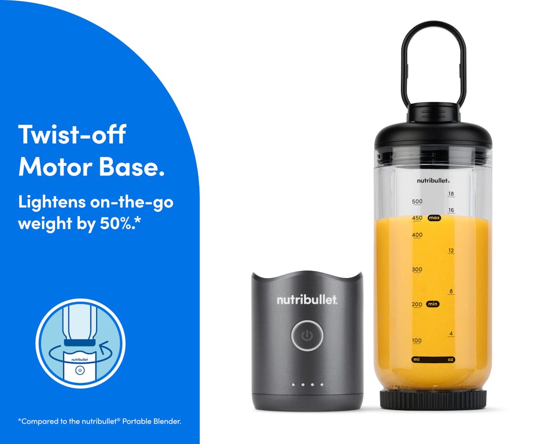 nutribullet Flex  - twist-off motor base. The motor base is detached and resting next to the blending cup. The cup is sealed on the bottom with the blade, and the lid is attached with the comfort handle extended.