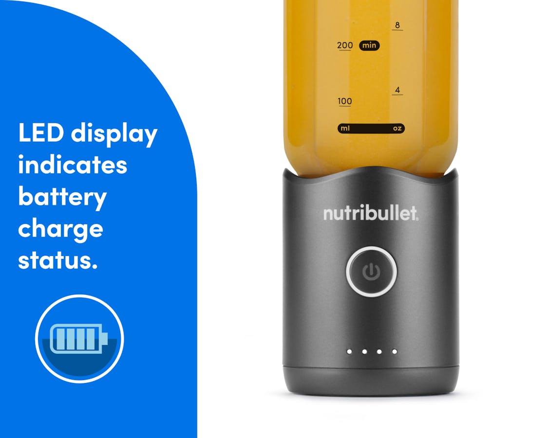nutribullet Flex  - LED charge display. A closeup of the motor base is shown with a horizontal row of four small LED dots lit up towards the bottom.