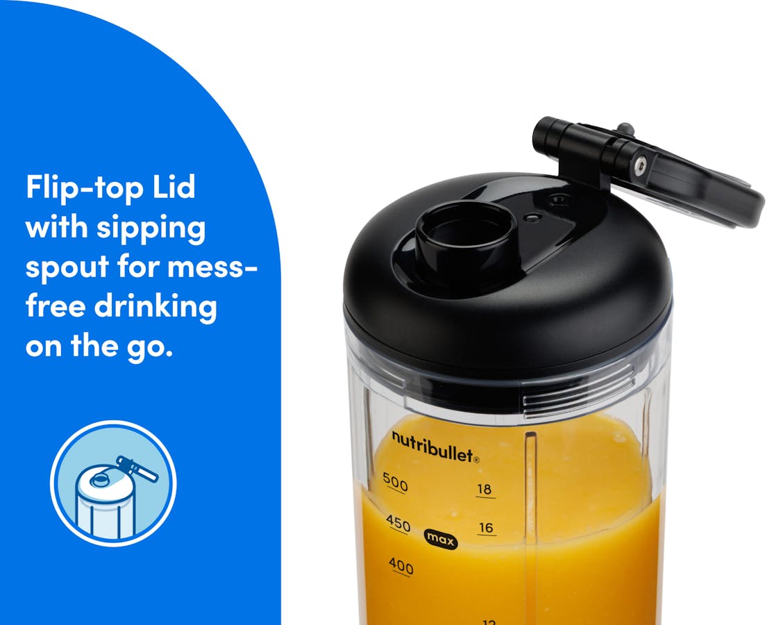 nutribullet Flex  - flip-top lid and sipping spout. A closeup of the fkip-top lid is shown, exposing the sipping spout.