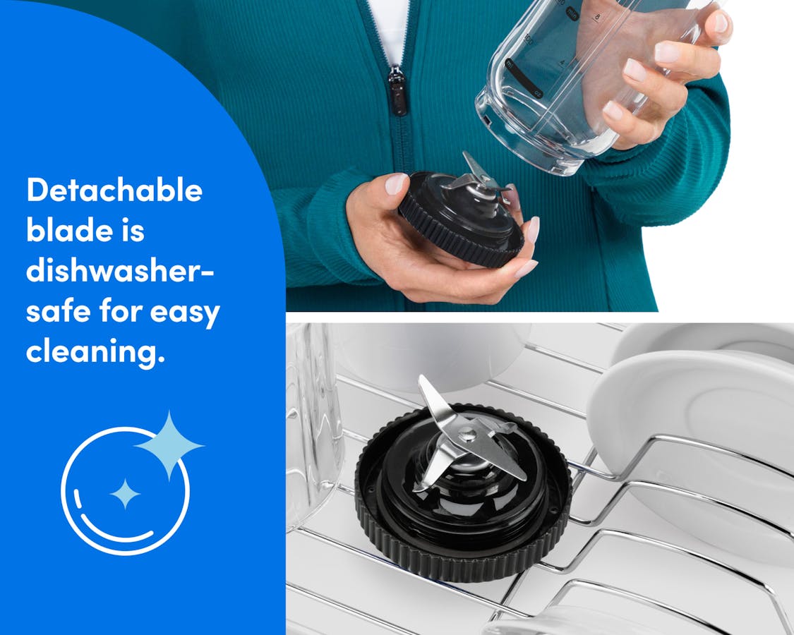 nutribullet Flex - detachable, dishwasher-safe blade A woman's hands are shown detaching the blade from the base of the blending cup. A separate frame below shows the blade in a dishwasher rack.