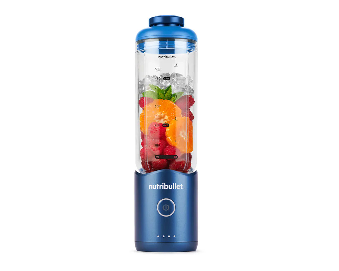 Straight-on shot of the nutribullet Flex portable blender in Sapphire Blue