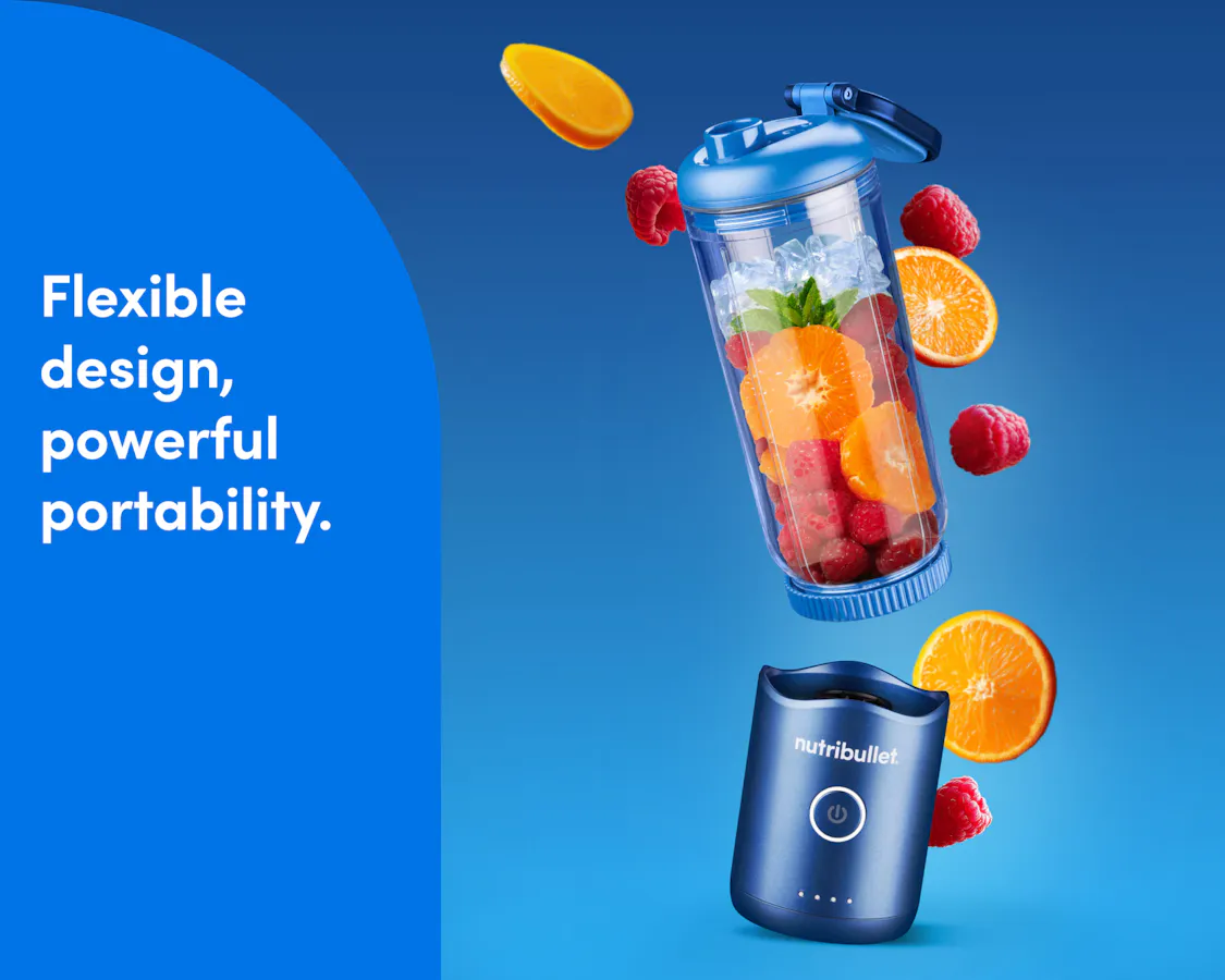 The nutribullet Flex is shown with the motor base detached from the cup in an active composition on an orange background, surrounded by a festive spray of flying fruits.