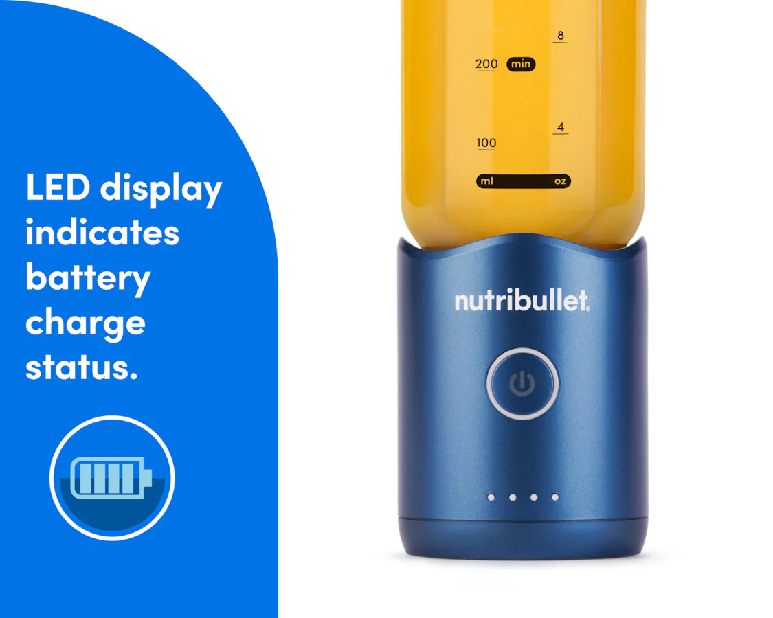 A closeup of the motor base is shown with a horizontal row of four small LED dots lit up towards the bottom.
