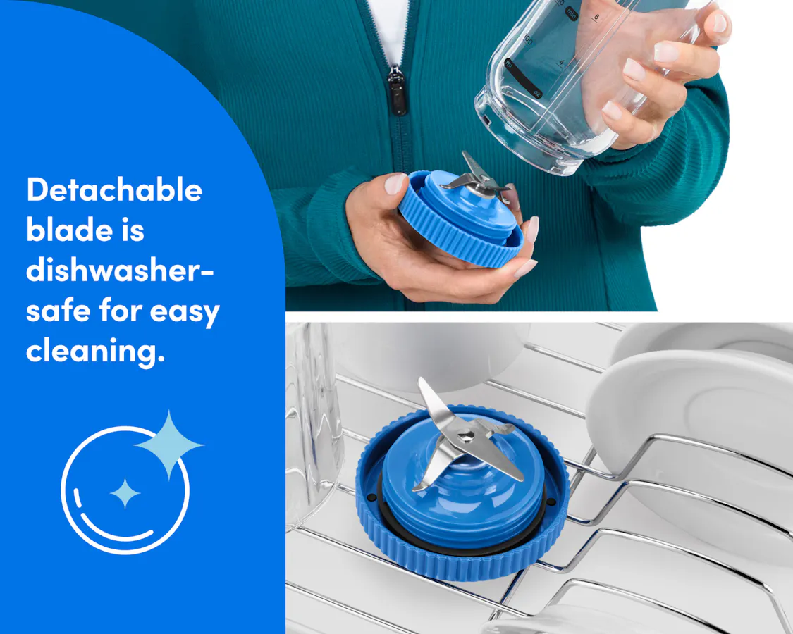 A woman's hands are shown detaching the blade from the base of the blending cup. A separate frame below shows the blade in a dishwasher rack.