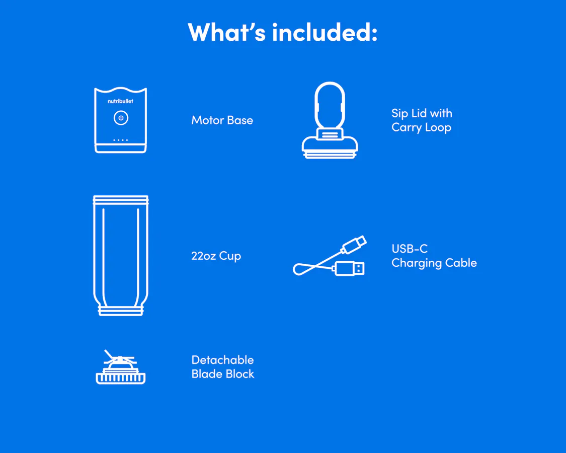A blue background shows white line drawings of all the pieces of the nutribullet Flex